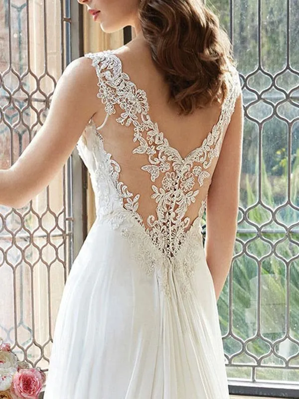 Simple Wedding Dress 2021 A Line V Neck Sleeveless Floor Length Lace Bridal Gowns