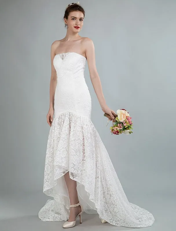 Simple Wedding Dress Strapless Sleeveless Lace Mermaid Bridal Gowns With Train