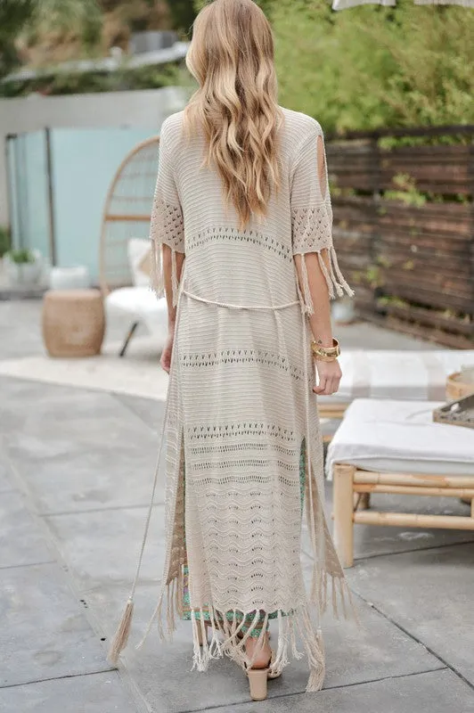 SOLID LONG CARDIGAN WITH FRINGE