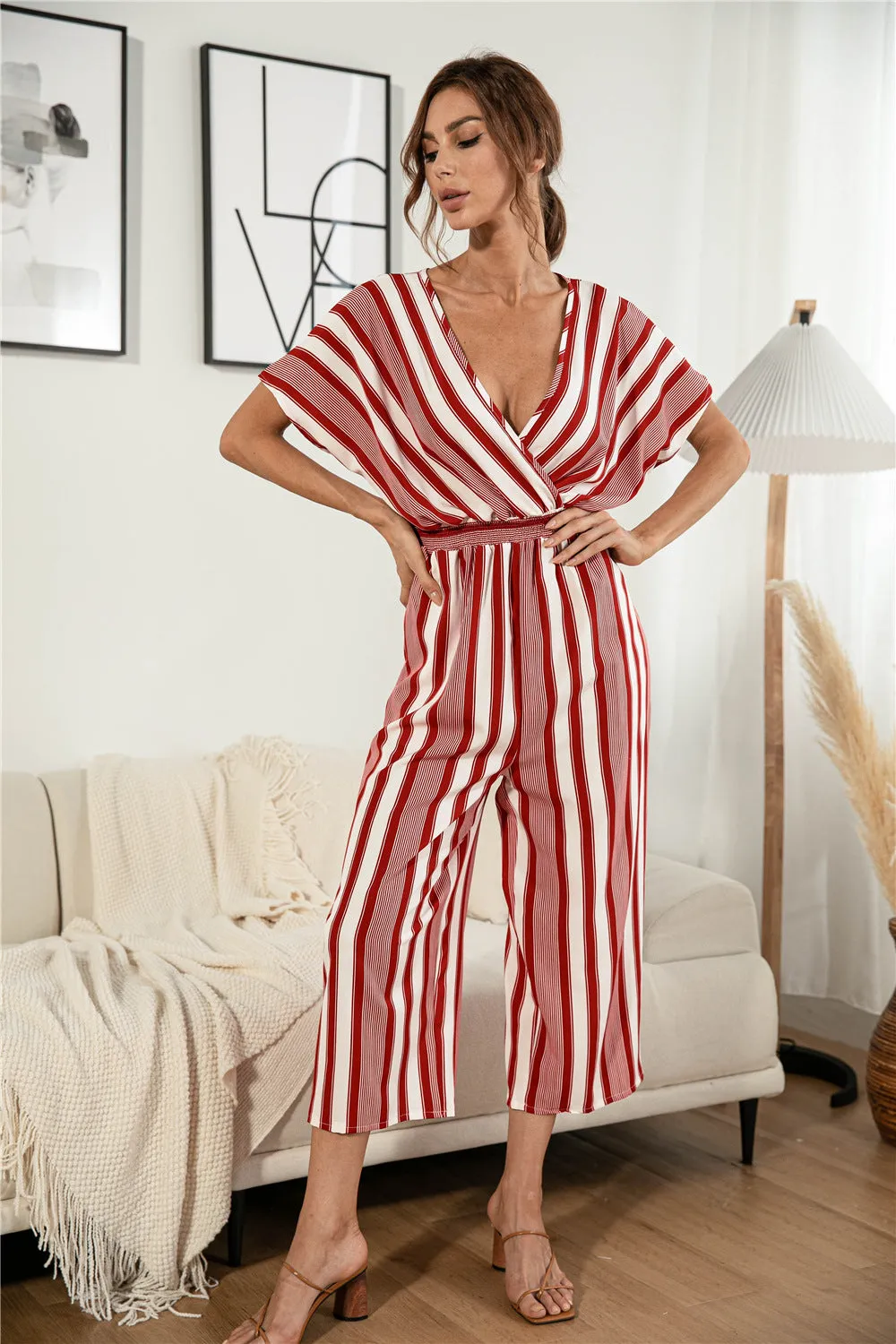 Sunset and Swim Striped V Neck Wide Leg Jumpsuit