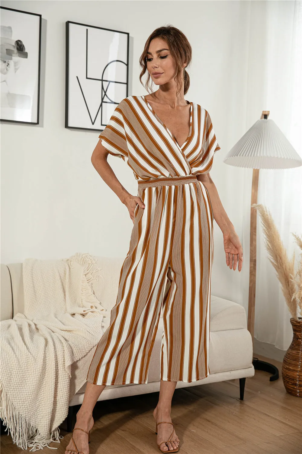 Sunset and Swim Striped V Neck Wide Leg Jumpsuit