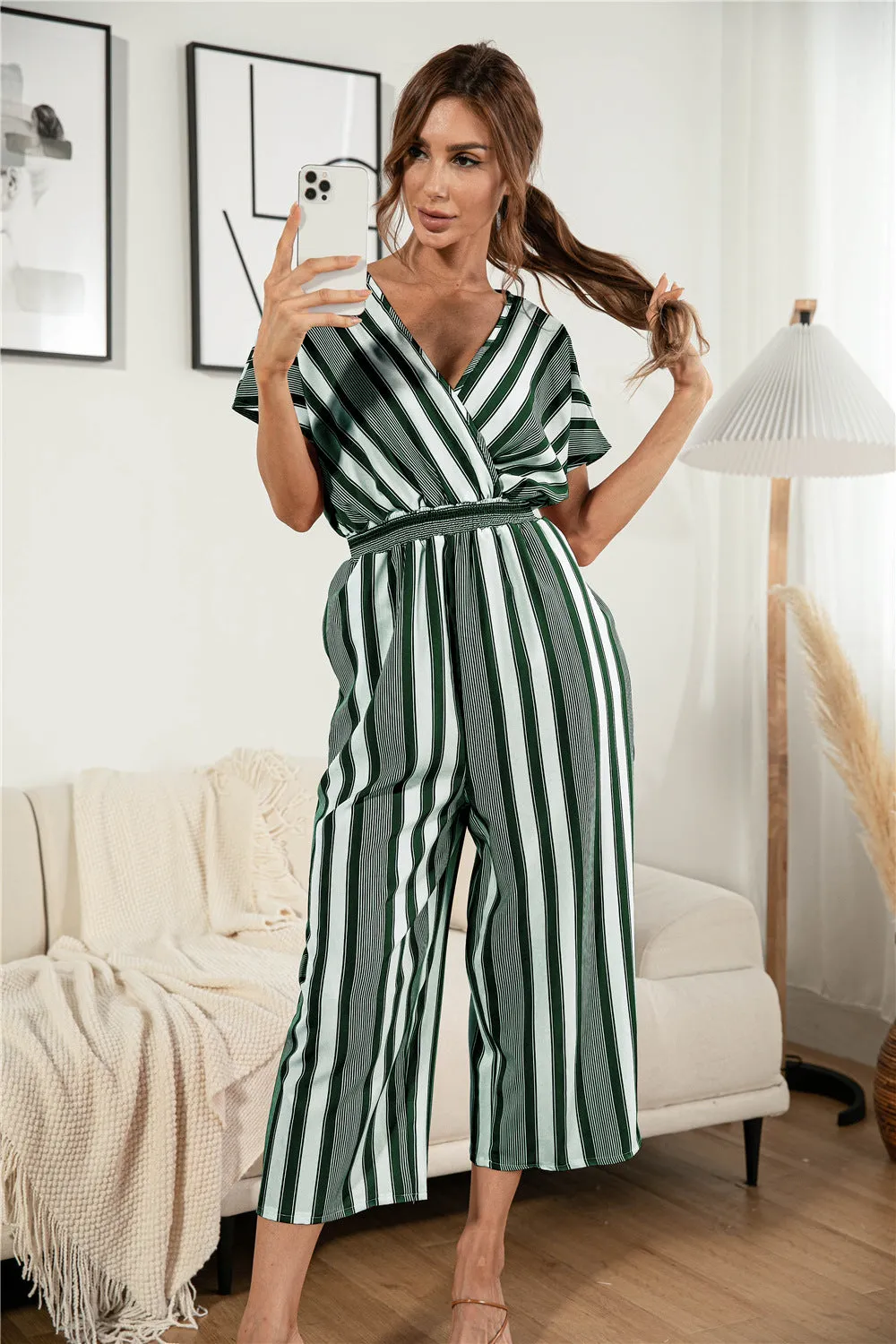 Sunset and Swim Striped V Neck Wide Leg Jumpsuit