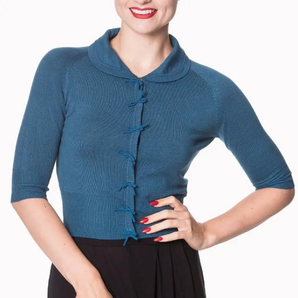 Teal Blue Short Sleeve Crop Collar Cardigan