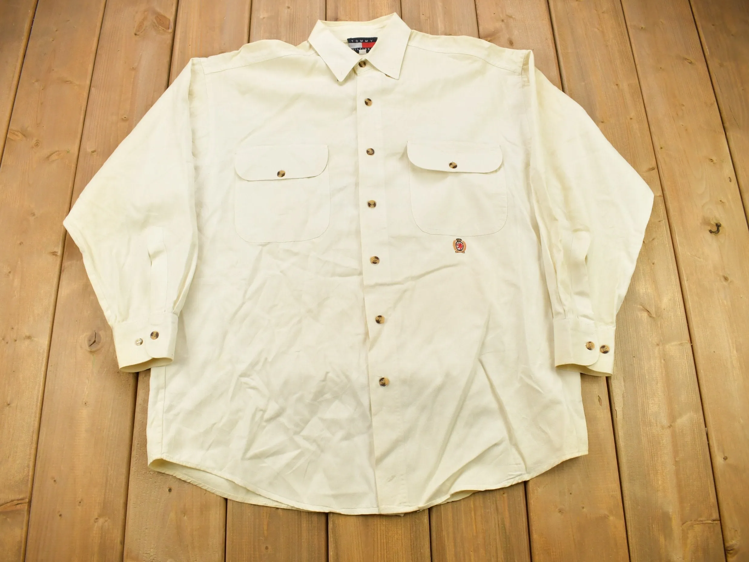 Vintage 1990s Tommy Hilfiger Embroidered Flag Patch Button Up Shirt / 1990s Button Up / Vintage Tommy / Made In USA / 90s Style