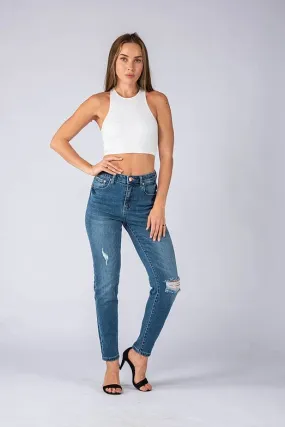 Wakee Denim Jean Straight Leg Distressed High Rise - Comfort Blue