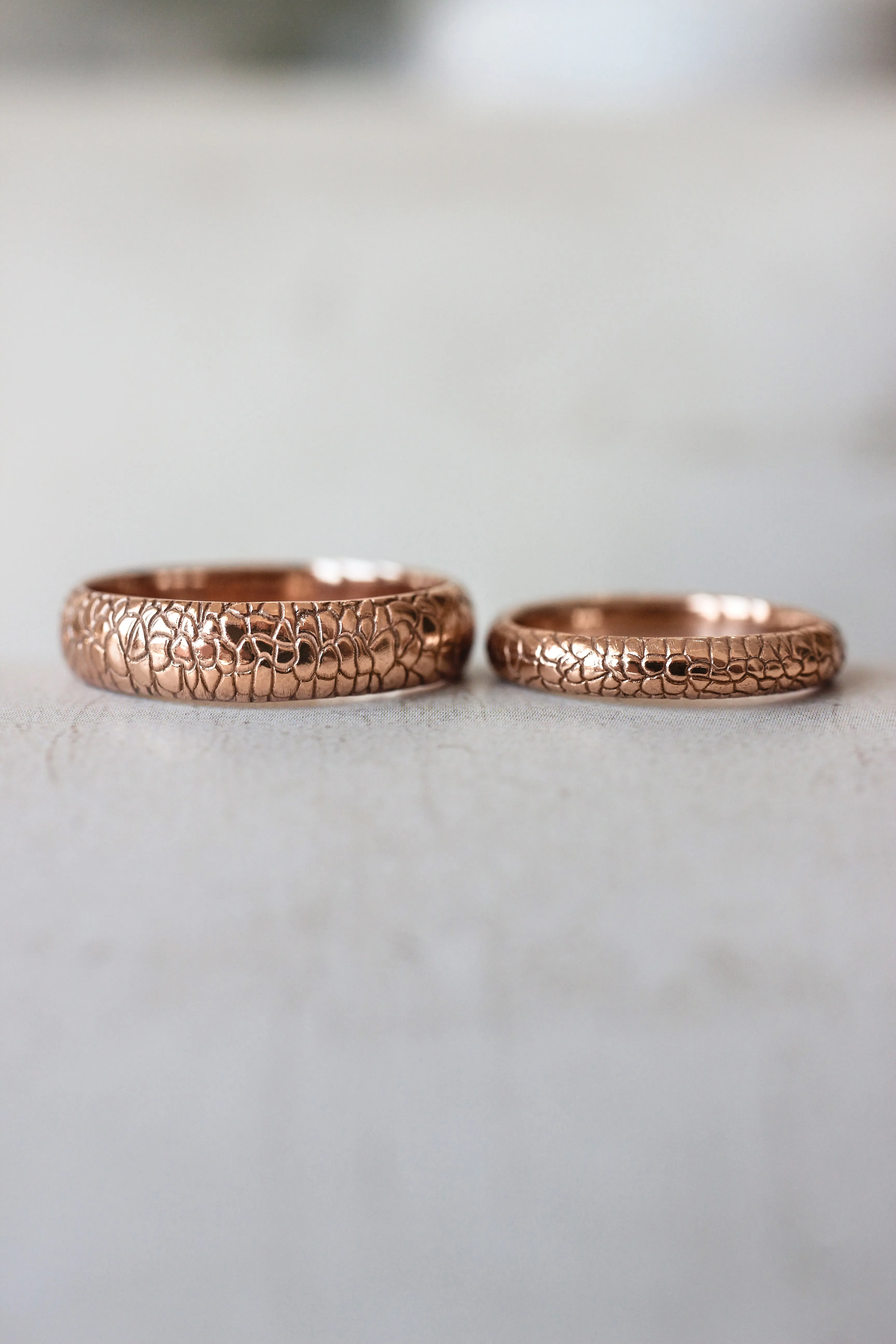 Wedding bands set for couple, reptile skin textured rings