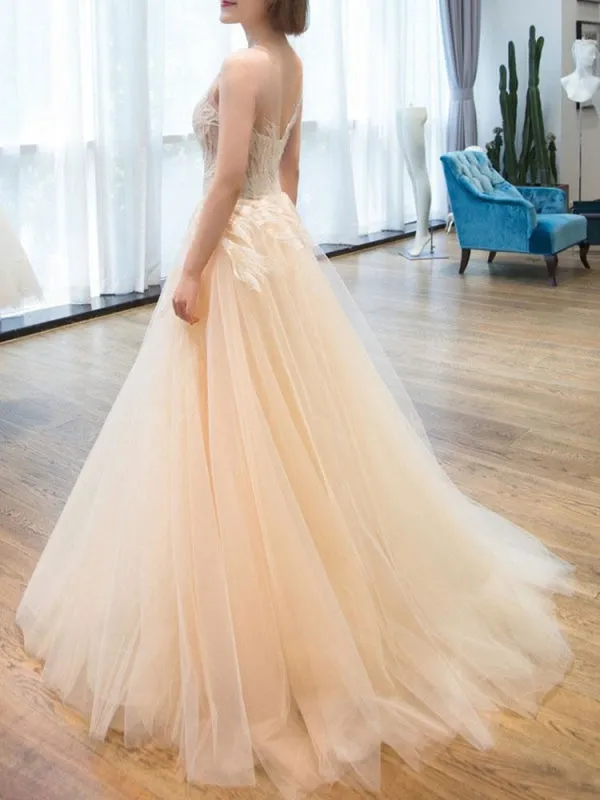 Wedding Dress 2021 Princess Silhouette Floor Length Jewel Neck Sleeveless Natural Waist Lace Tulle Bridal Gowns