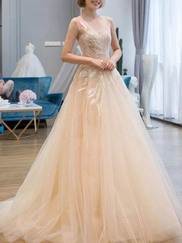 Wedding Dress 2021 Princess Silhouette Floor Length Jewel Neck Sleeveless Natural Waist Lace Tulle Bridal Gowns