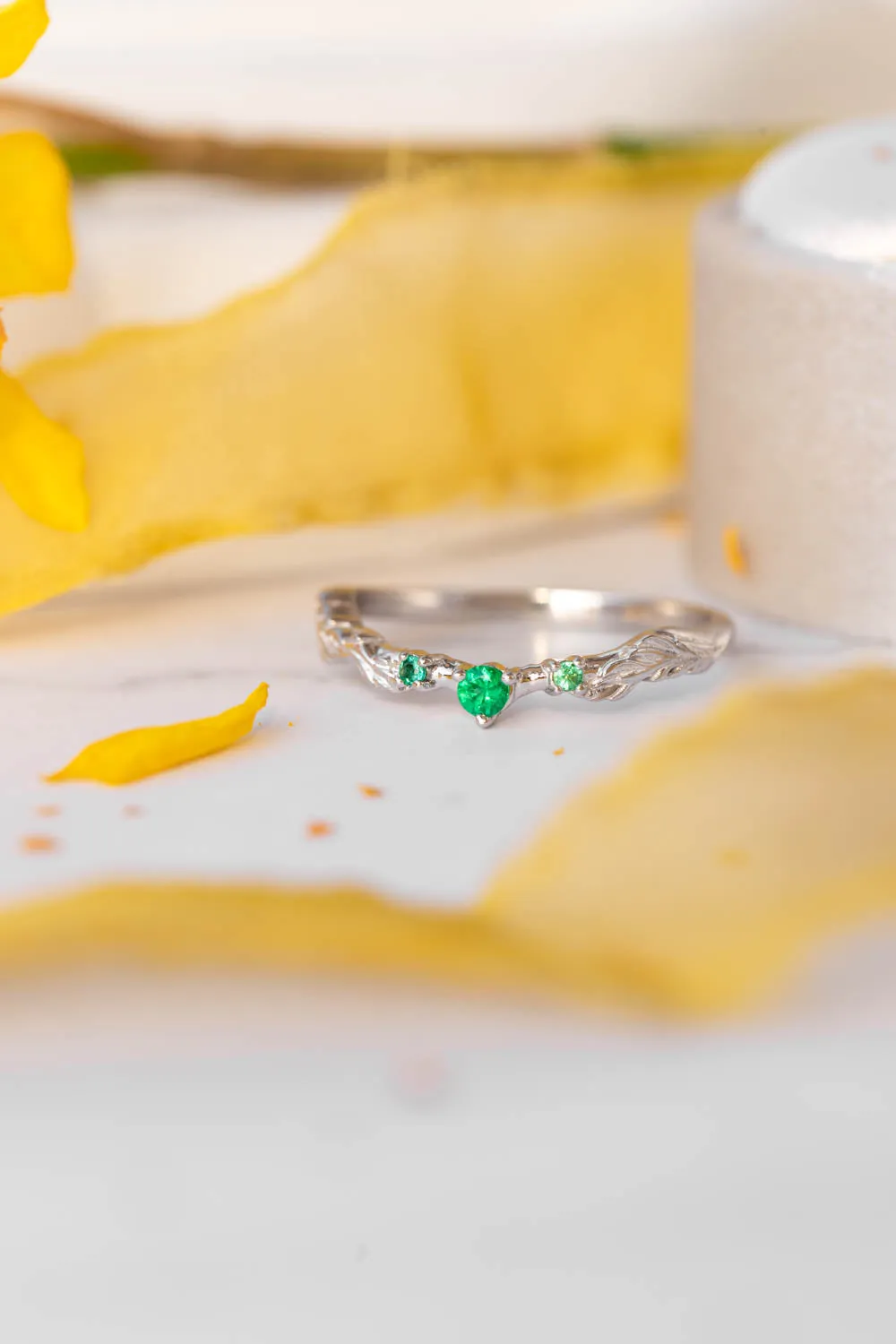 Wedding rings set for couple: white gold leaf ring for man, emeralds ring for woman