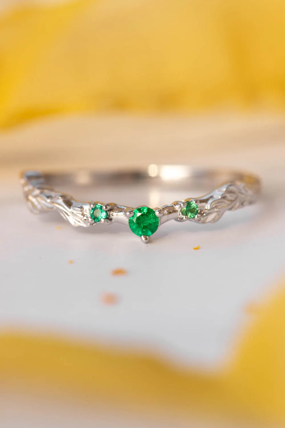 Wedding rings set for couple: white gold leaf ring for man, emeralds ring for woman