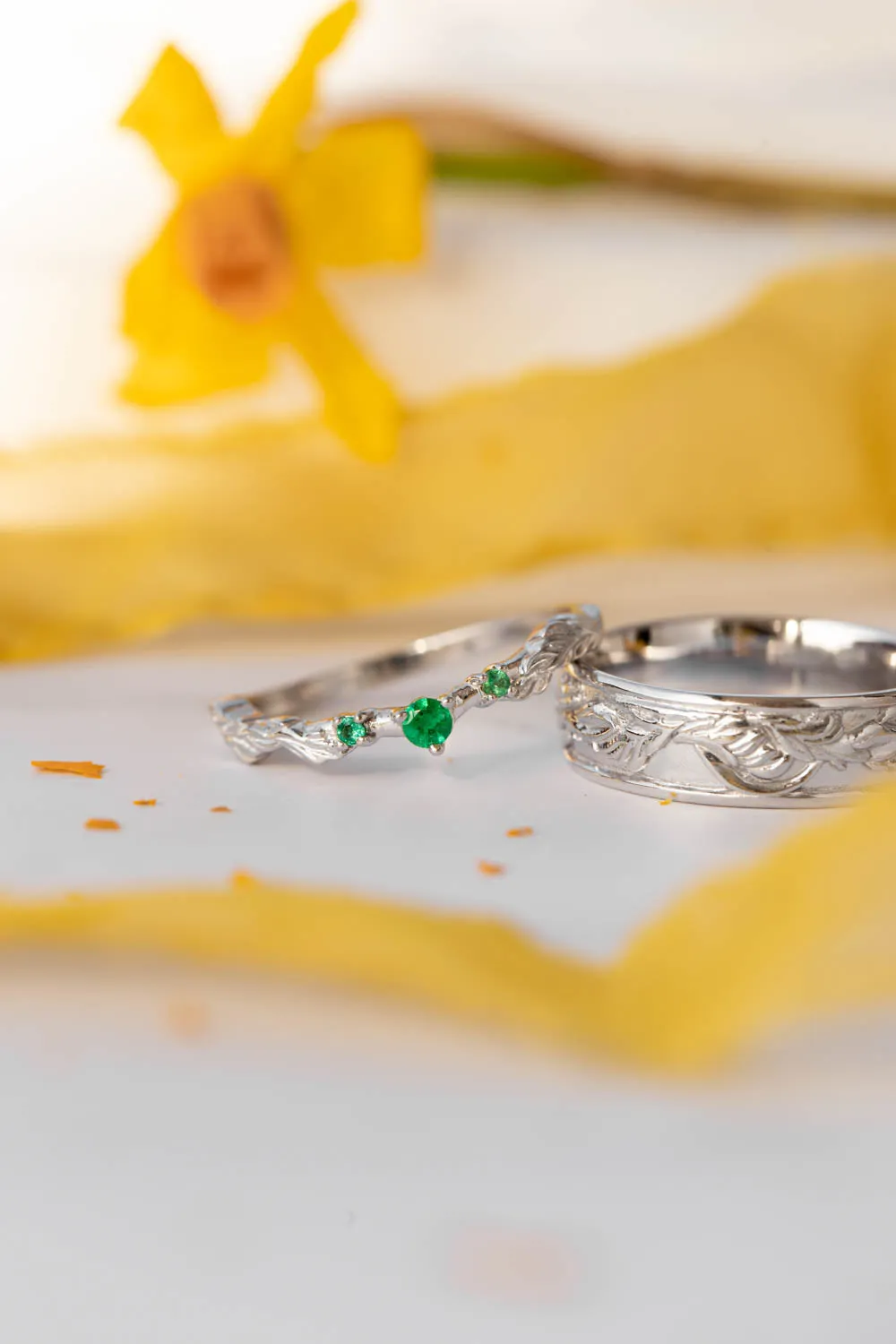 Wedding rings set for couple: white gold leaf ring for man, emeralds ring for woman