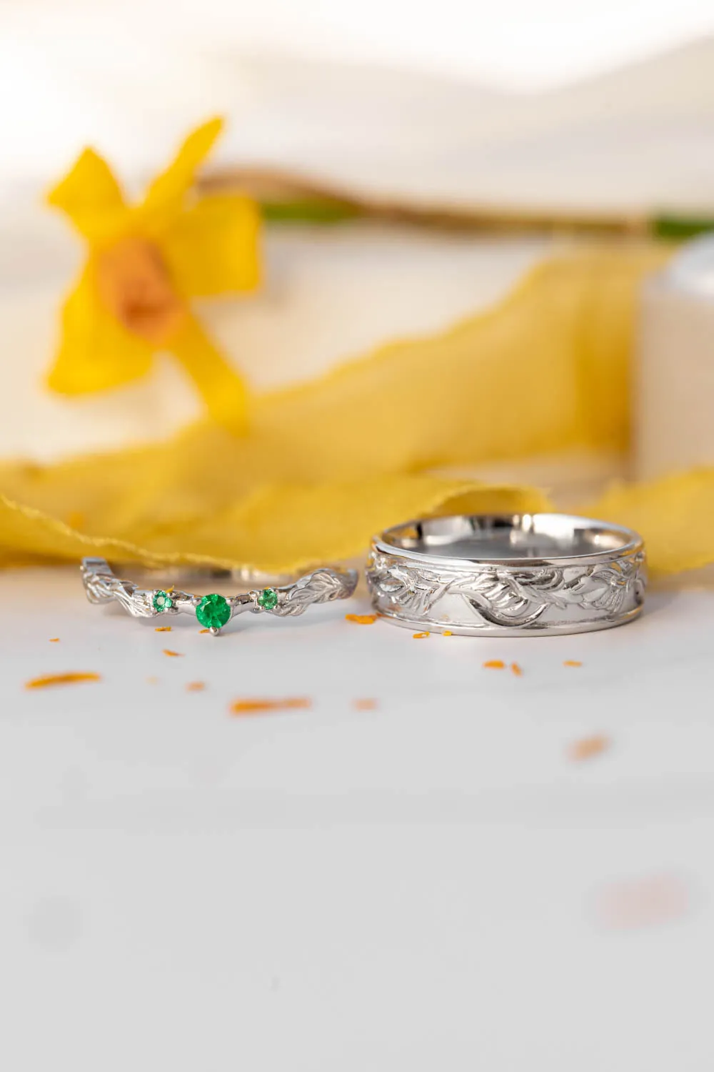 Wedding rings set for couple: white gold leaf ring for man, emeralds ring for woman