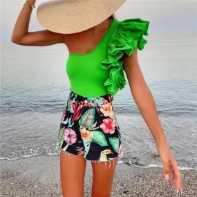 Woman Sexy Green One-Shoulder Ruffles Bodysuit